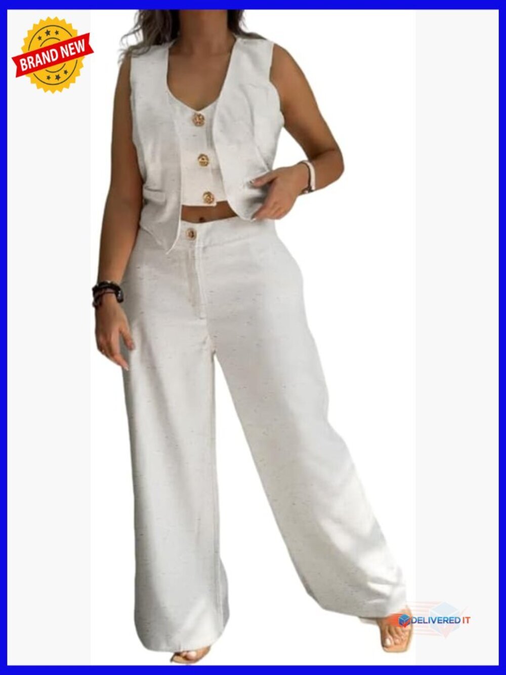 Women's 2 Piece Linen Vest & Wide Leg Pants Set - Medium